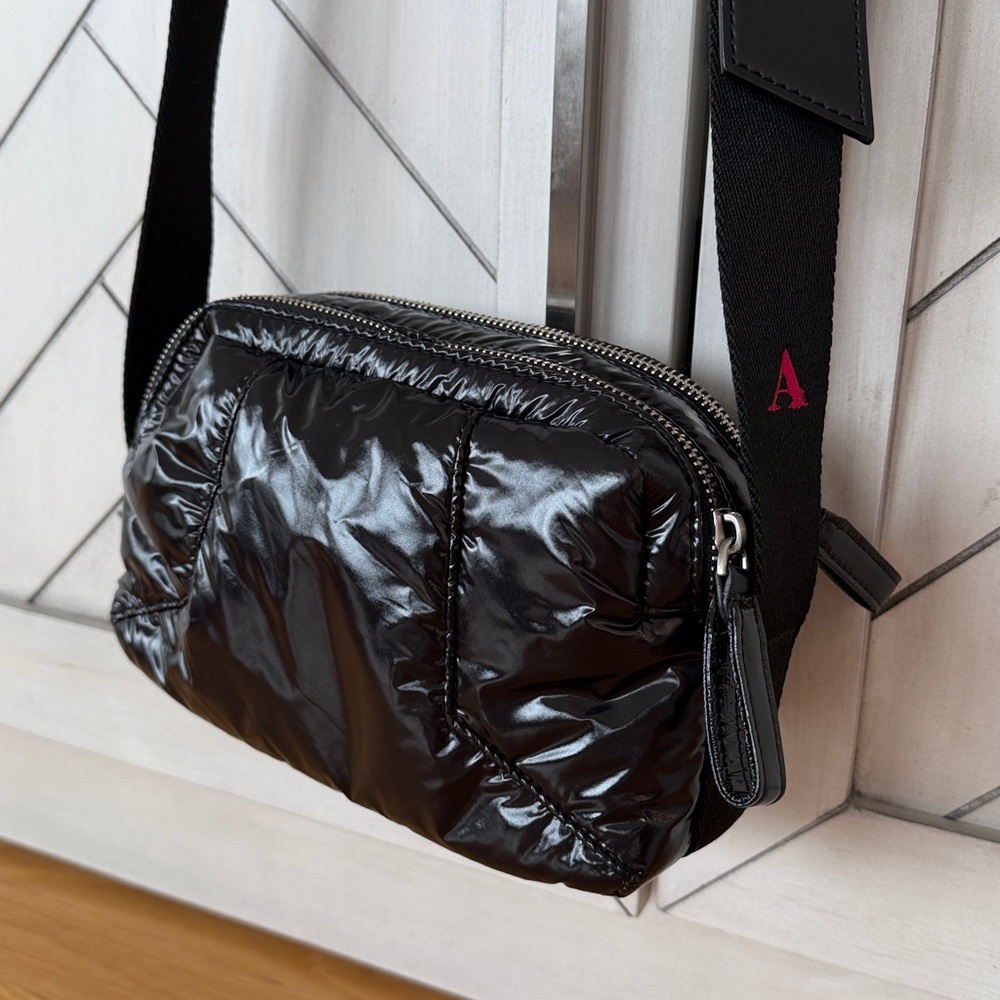 Zara Black Quilted Puffer Crossbody Bag with Wide Strap embroidered ‘A’